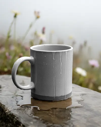 Outdoor Waterproof Mug Mockup With Droplets On Rough Stone Surface And Blurred Natural Background