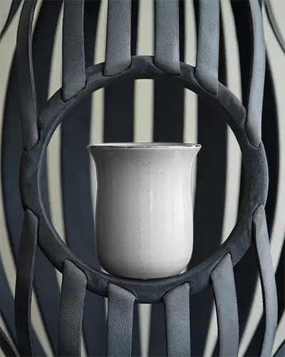 Modern Ceramic Mug Mockup In Stylish Geometric Holder For Branding And Packaging Design