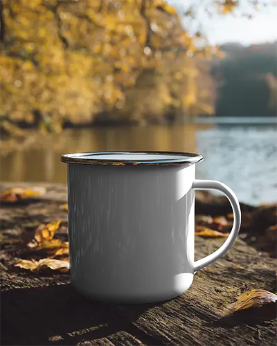Blank Enamel Coffee Mug Mockup On Wooden Surface Nature Autumn Scene Lifestyle