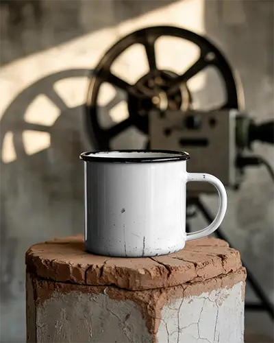 Minimalistic Enamel Mug Mockup On Weathered Wooden Block With Vintage Industrial Gear Shadow