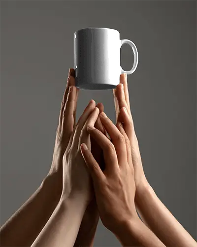 Hands Holding Floating Mug Mockup With Smooth Surface Studio Mockup For Product Presentation