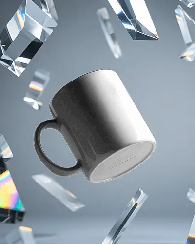 Modern Floating Mug Mockup Surrounded By Transparent Crystal Prism Elements For Design