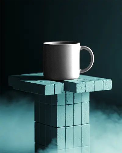 Sleek Minimalist Mug Mockup On Geometric Textured Pedestal With Mysterious Smoky Background