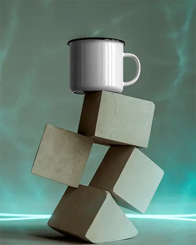 Ceramic Mug Mockup On Abstract Concrete Cubes With Modern Aesthetic Background