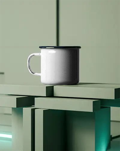 Ceramic Enamel Mug On Minimalist Abstract Rectangular Platform With Soft Lighting Effect