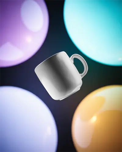 Floating Modern Ceramic Coffee Mug Mockup With Glossy Balloon Background For Design Display