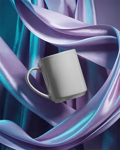 Modern Empty Mug Mockup Floating Surrounded By Smooth Glossy Fabric Elements