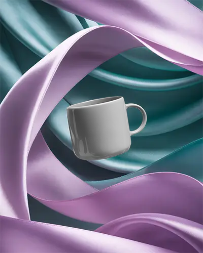 Sleek Floating Coffee Mug Mockup With Wavy Ribbons And Smooth Fabric Background Design