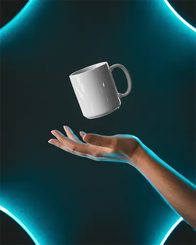Realistic Floating Mug Mockup With Neon Background For Unique Creative Advertising