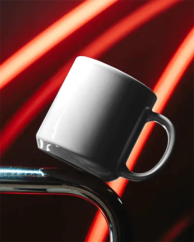 Ceramic Mug Mockup With Handle Floating On Metallic Surface And Neon Background Lighting