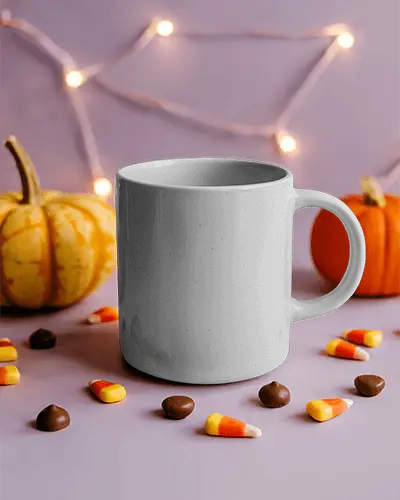 Halloween Mug Mockup With Pumpkins Candy Corns And String Lights On Purple Background