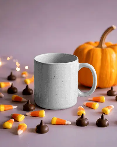 Halloween Coffee Mug Mockup Surrounded By Candy Corns Chocolates And Glowing Lights