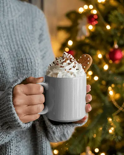Christmas Mug Mockup With Whipped Cream And Cookie In Cozy Holiday Tree Light Background