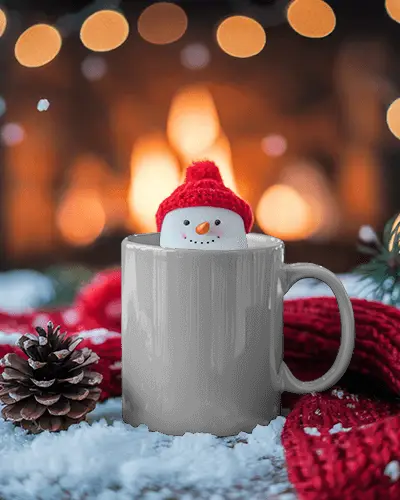 Christmas Mug Mockup With Snowman Marshmallow And Fireplace Bokeh Cozy Holiday Scene