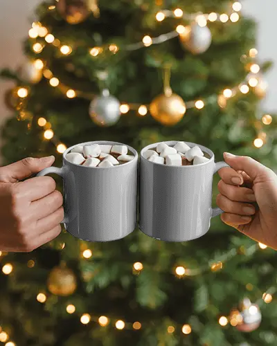Christmas Mug Mockup Two Hot Chocolates With Marshmallows In Front Of Festive Tree Lights