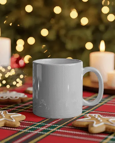 Christmas Mug Mockup On Tartan Tablecloth With Gingerbread Cookies And Candlelight Bokeh