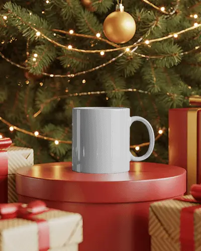 Christmas Mug Mockup On Red Gift Box With Golden Ornaments And Festive Tree Lights