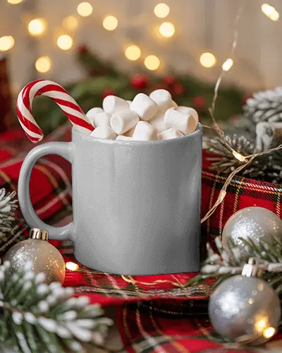 Christmas Mug Mockup With Candy Cane And Marshmallows On Tartan Table Holiday Decor