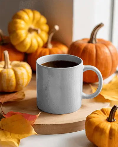 Cozy Halloween Coffee Mug Mockup With Autumn Pumpkins And Fall Leaves Styling Setup