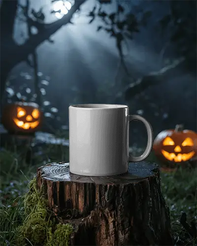 Spooky Halloween Mug Mockup Placed On Wooden Stump With Jackolanterns In Forest Scene