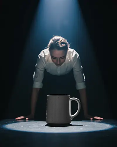 Dramatic Spotlight Mug Mockup With Intense Focus On Cup And Person Leaning Forward