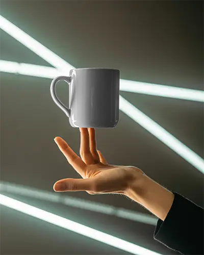 Sleek Minimalist Mug Mockup Floating On Fingers With Modern Lighting Background