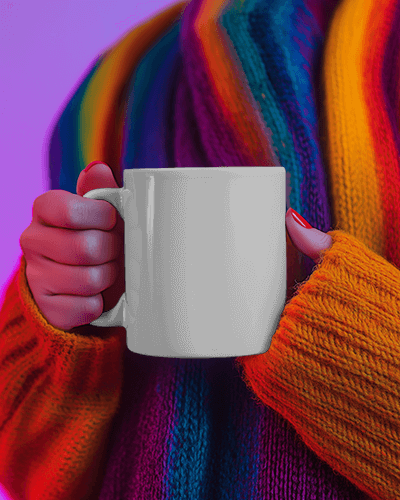 Warm Coffee Cup Mug Mockup Bright Knitted Hoodie Pink Background Vivid