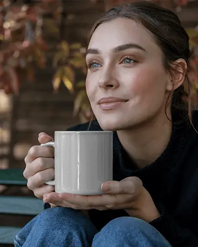 Cozy Outdoor Mug Mockup Woman Holding Cup In Warm Natural Light