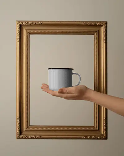 Framed Hand Mug Mockup Floating Inside Golden Ornate Frame Minimal Scene