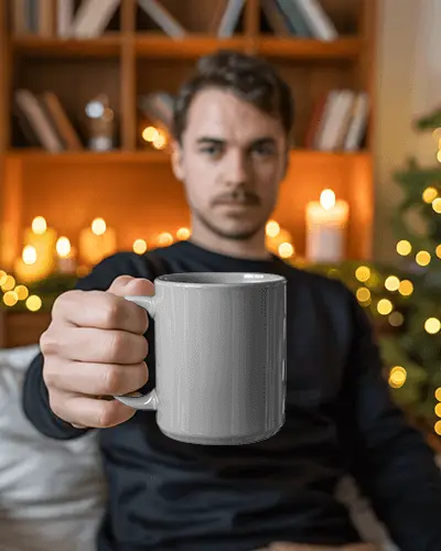 Christmas Mug Mockup Man Holding Blank Mug In Cozy Holiday Room With Warm Candlelight