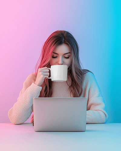 Female Enjoying Coffee Mug Mockup Soft Pink Knitwear Gentle Pink Blue Gradient
