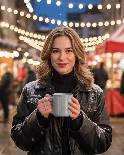 Festive Christmas Mug Mockup Female Model In Winter Market With Warm String Lights