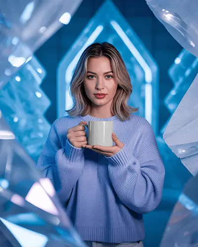 Christmas Mug Mockup Woman Holding Mug In Cool Icy Blue Winter Scene Modern Holiday Look