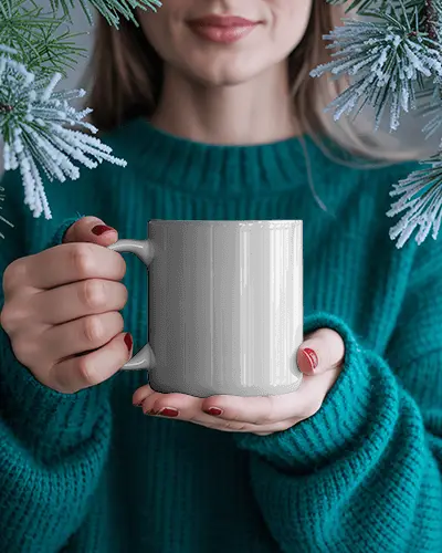 Christmas Mug Mockup Woman Holding Mug In Cozy Sweater With Frosted Pine Branches