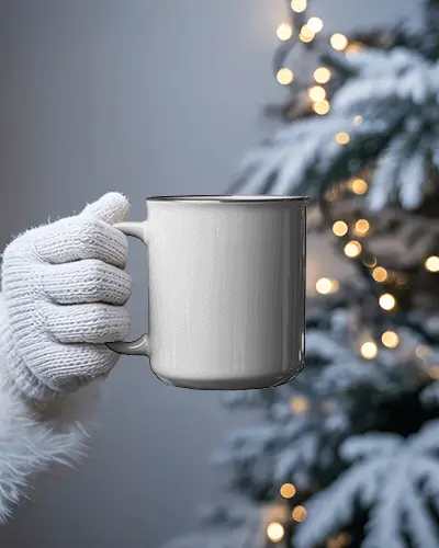 Christmas Mug Mockup Gloved Hand Holding Mug Before Snowy Tree With Warm Lights