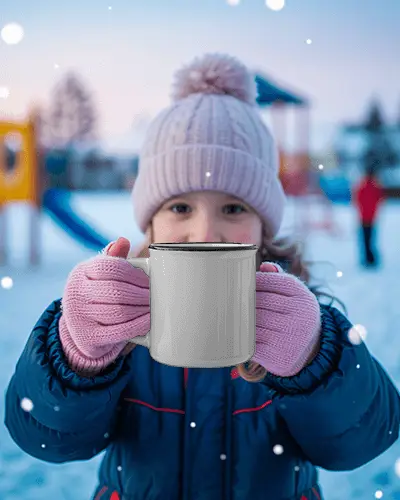 Christmas Mug Mockup Child Holding Mug In Snowy Playground Cozy Winter Vibes