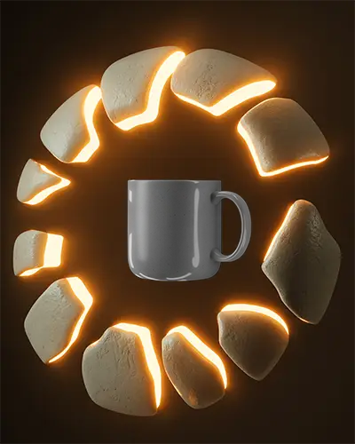 Premium Mug Mockup Surrounded By Illuminated Stone Elements For Brand Presentation
