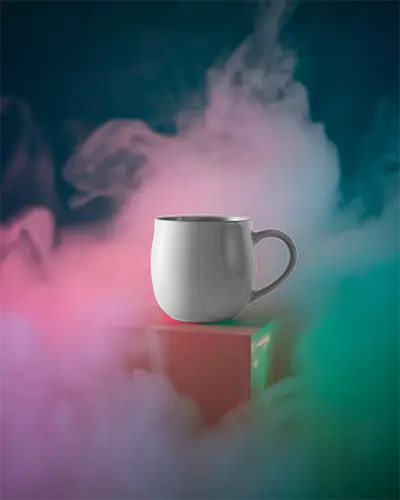 Premium Textured Mug Mockup Displayed On Block With Surreal Pink Teal Gradient Fog Presentation