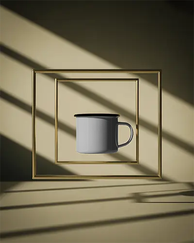 Modern Minimalist Mug Mockup With Simple Geometric Metal Frames And Styled Shadows