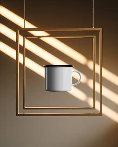 Stylish Minimalist Mug Mockup With Floating Frame And Geometric Light Effects For Branding