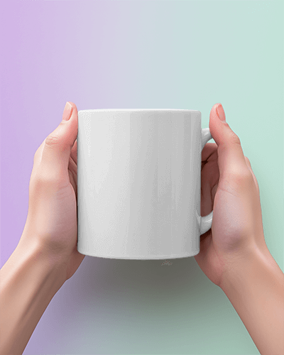 Hands Showcasing Maroon Mug Brew Sip Conquer Slogan Vivid Coffee Artwork