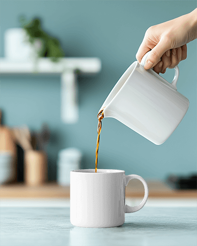 Pouring Coffee Into Maroon Mug Brew Sip Conquer Slogan Kitchen Scene