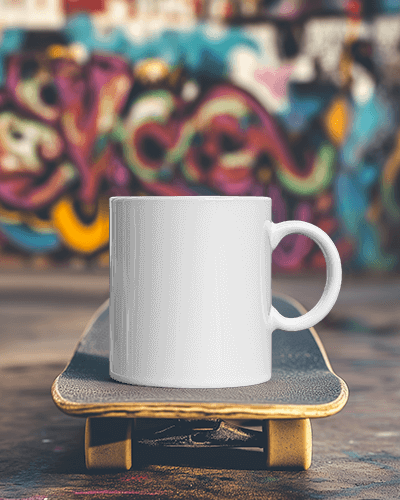 Urban Graffiti Background Motivational Mug Mockup On Skateboard