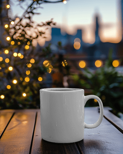 Evening Ambiance Sip Think Create Mug Mockup Among Lit Plants