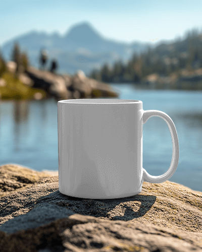 Serene Lakeside Caffeine And Chaos Mug Mockup With Mountain View