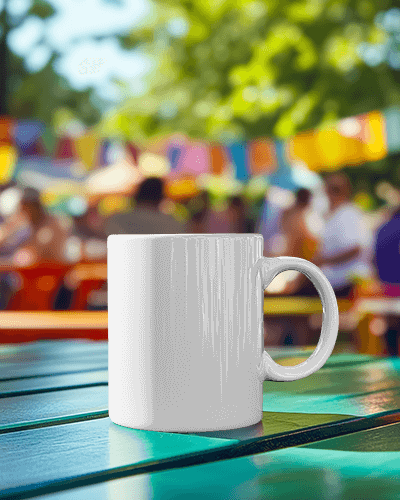 Vibrant Outdoor Cafe Mug Mockup Love Wins Message Cheerful Atmosphere