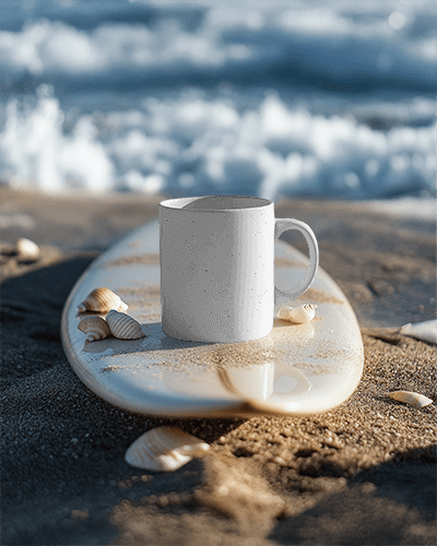 Seaside Coffee Mug Mockup Beach Sand And Shells Casual Ocean View
