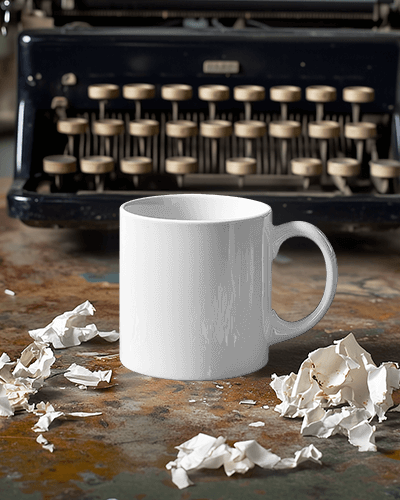 Vintage Typewriter Mug Mockup With Coffee Inspired Quote Among Scattered Paper Shreds