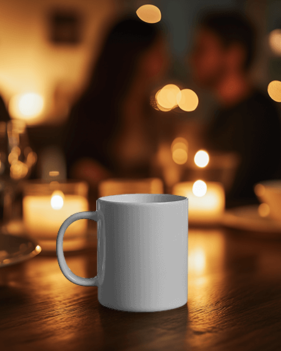 Inspirational Quote Mug Mockup Under Warm Ambient Lighting On Wooden Table In Cozy Cafe