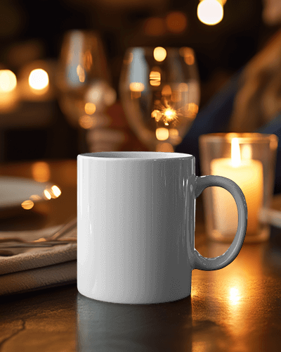 Cozy Night In Stay Focused Mug Mockup With Silver Lettering Amongst Gentle Glow Of Candles
